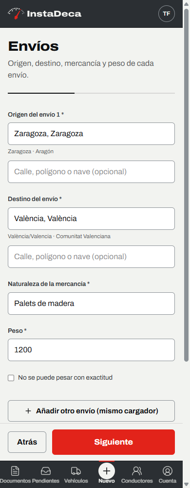 Paso de envíos del formulario guiado de InstaDeca en el móvil, con origen, destino, mercancía y peso