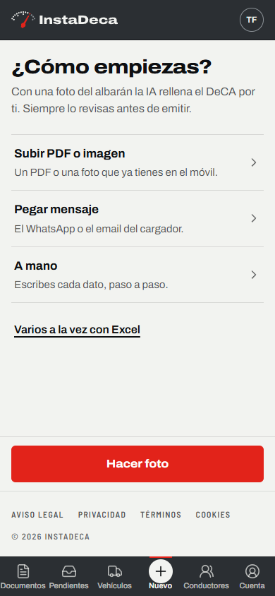 Pantalla de InstaDeca para empezar un DeCA: subir PDF o imagen, pegar mensaje, a mano o varios con Excel